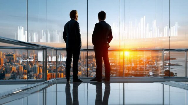 Visionaries at Dawn: Two business professionals survey a sprawling city skyline, contemplating market trends and a promising future, amidst the warm hues of a sunrise.