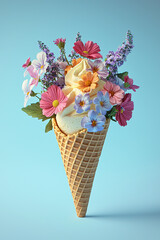 Ice cream cone with flowers on pastel blue background 