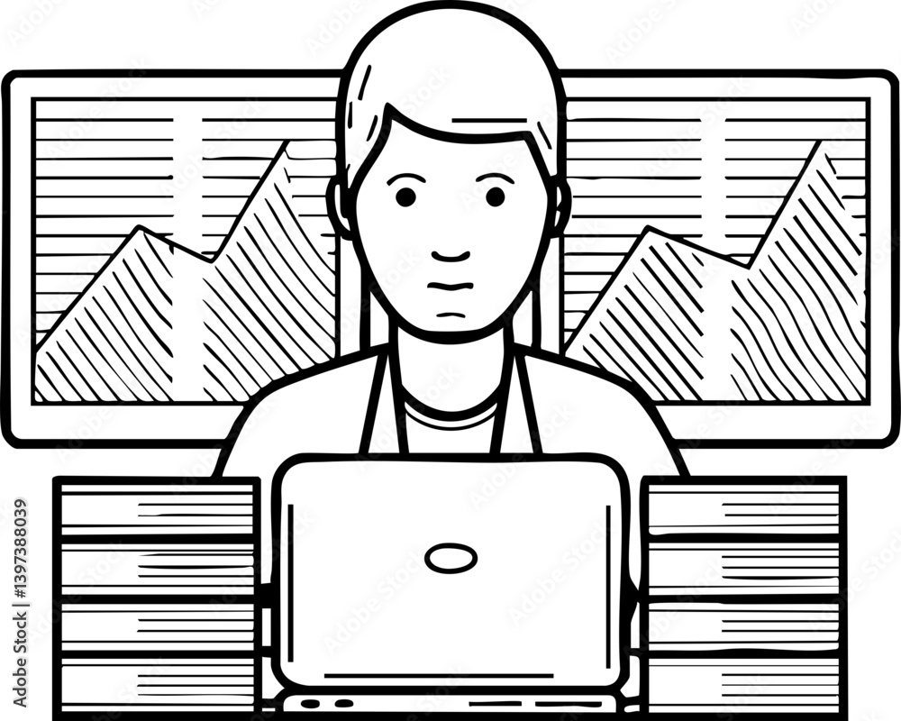 Poster a person working on a laptop, surrounded by stacks of documents, with graphs displayed in the backgr