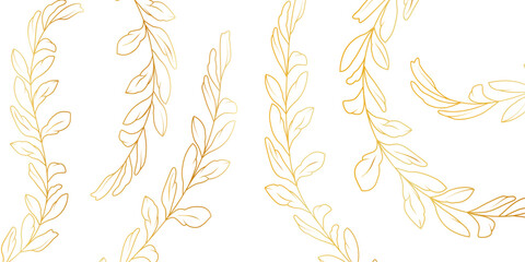 Flowers and leaves on white isolated background. Pattern with golden gradient. Vector. Shiny metal. Hand drawn. Botanical silhouette. Decorations for wedding invitations. Tattoo wreaths. © Lekkkas