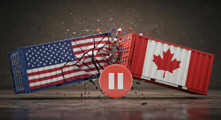 canada and us trade war ,shipping containers colliding and exploding mid-air metallic shreds, political and economic fight for power worldwide