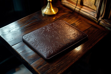 Elegant leather laptop sleeve in rich espresso brown placed on a wooden table in a cozy workspace with warm lighting