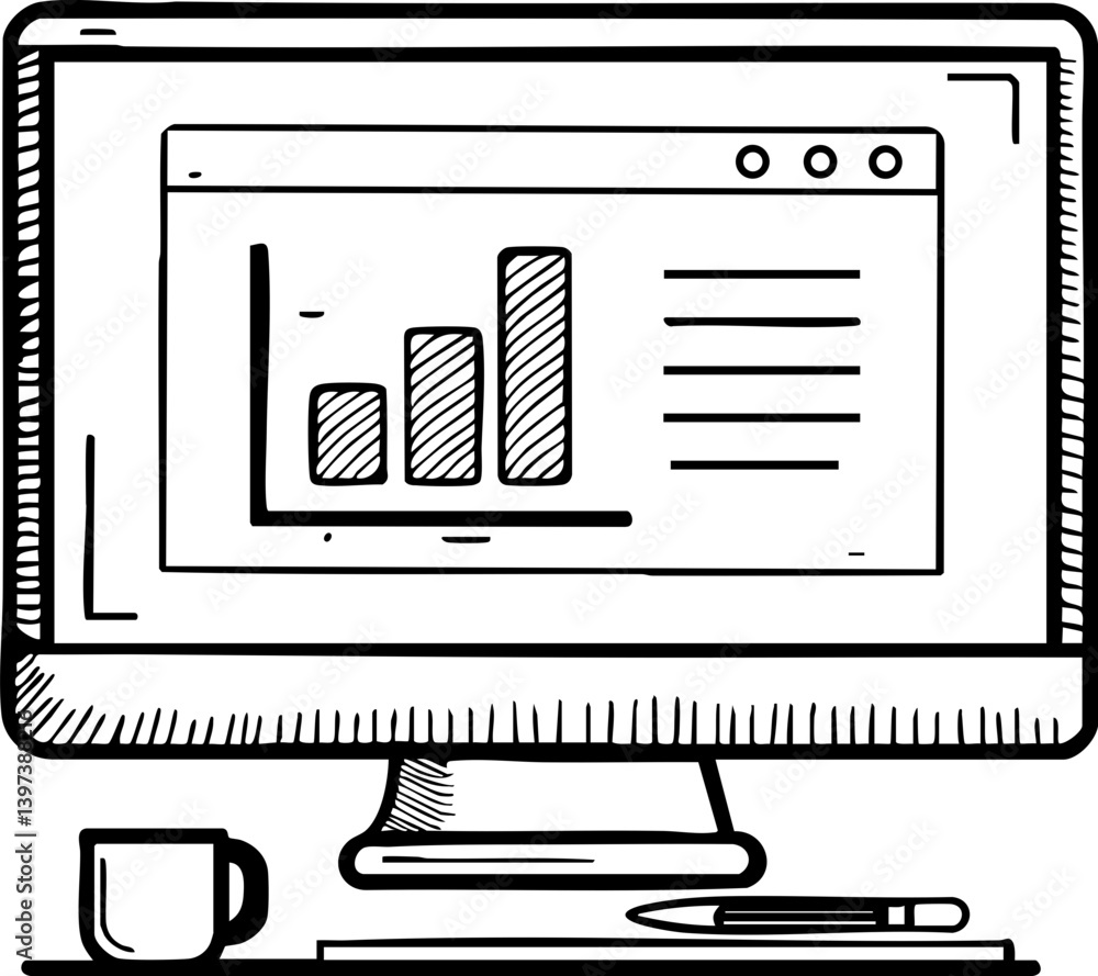 Poster a sketched computer monitor displays a bar graph and text, accompanied by a cup and a pen, represent