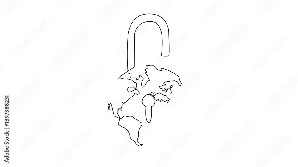 Poster animated self drawing of continuous one line drawing globe made into an open padlock with a keyhole 