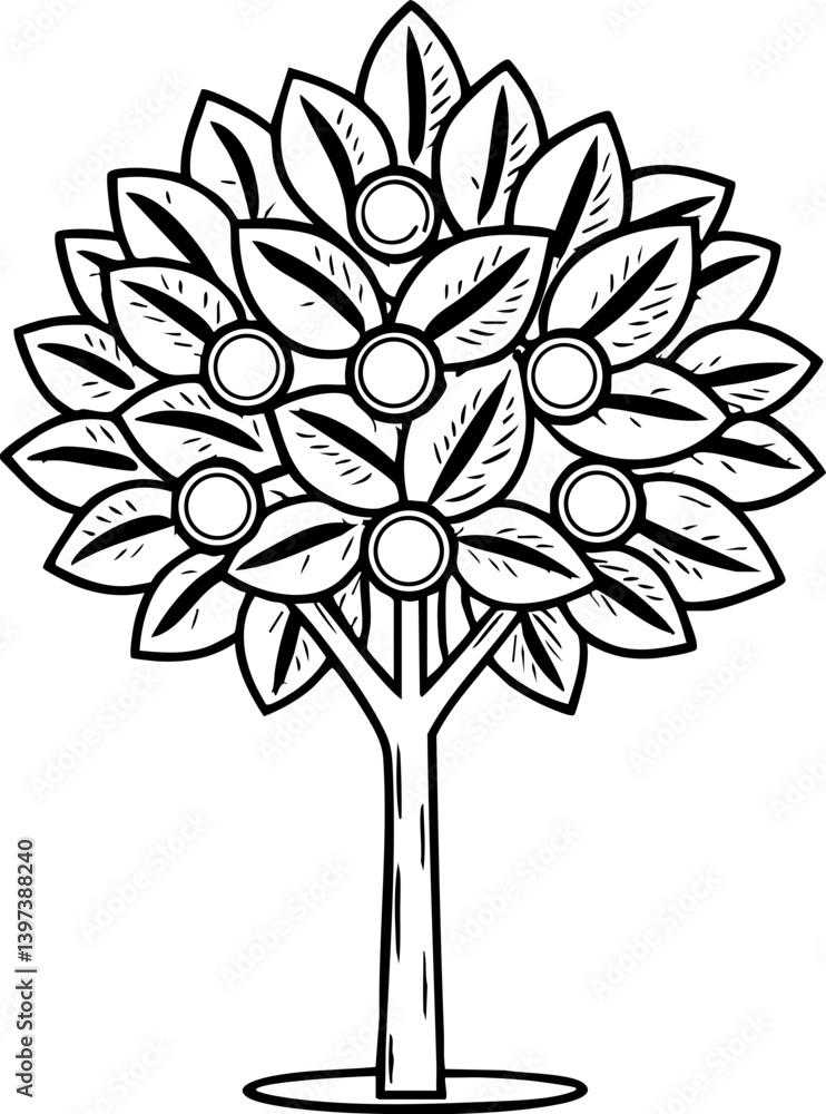Poster a simple line drawing of a tree with a full canopy of leaves and circular fruit, emphasizing nature'