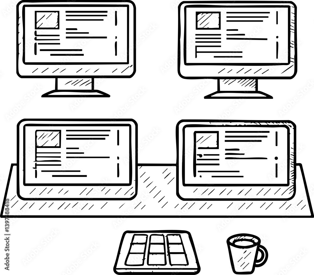 Poster a sketch of multiple computer screens displaying content, accompanied by a keyboard and a coffee cup