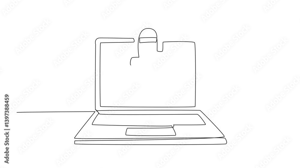 Poster self drawing animation continuous one line drawing laptop with open padlock logo in the middle of sc