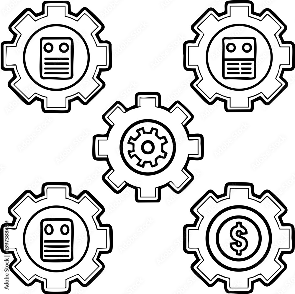 Poster a set of interconnected gears featuring icons representing documents, processes, and currency, symbo