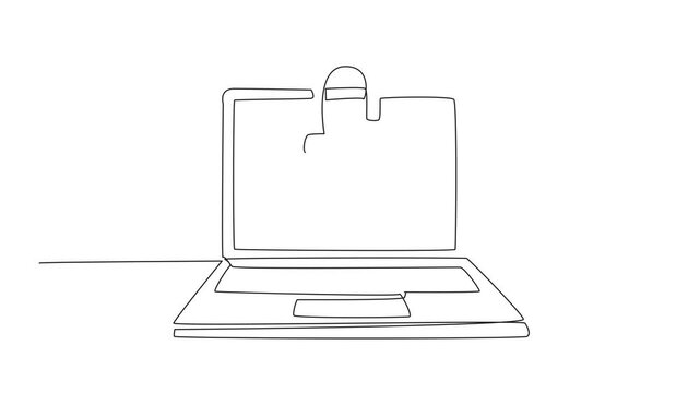 Self drawing animation continuous one line drawing laptop with open padlock logo in the middle of screen. Good information security management. Need password. World Password Day. Full length animated