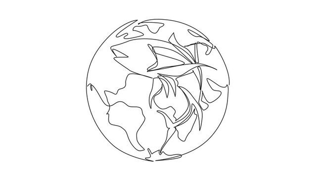 Animated self drawing of single one line drawing tuna in the middle of the globe. Symbolizing the even distribution of tuna throughout the world. Good protein. World Tuna Day. Full length animation