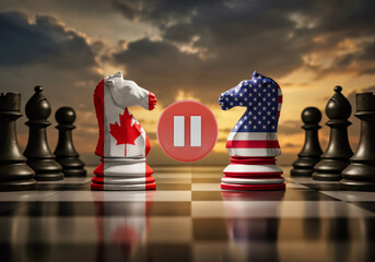 canada and us trade war ,chessboard with the pieces positioned engaged in strategic battle, political and economic  conflict, sunset backdrop,