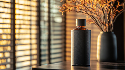Fototapeta premium Elegant premium bottle holder in textured slate gray enhances the aesthetic of a cozy indoor setting during golden hour
