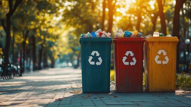 Colorful recycling bins lined on sunny street, promoting waste m