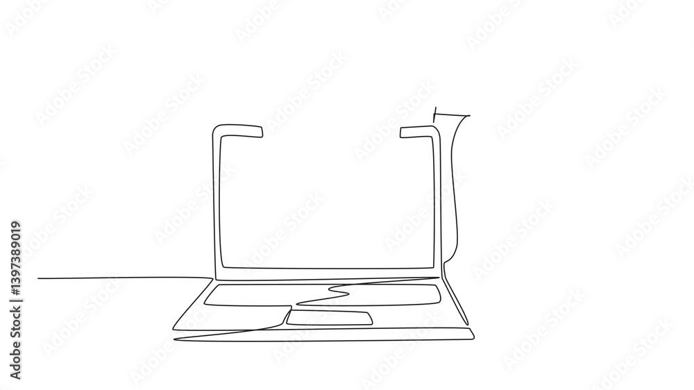Poster animation of single continuous line drawing laptop with paper rolling out of the screen to the back.