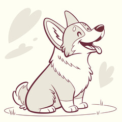 Cartoon Corgi Dog Sitting Happy, Tongue Out in Simple Line Art, Heart Shaped Clouds