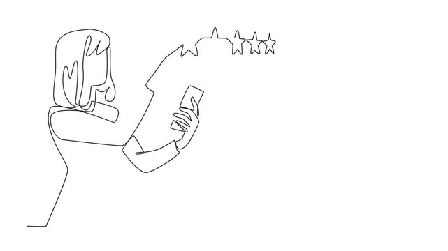 Animated self drawing of single one line drawing woman holding smartphone and other hand pointing to 1 star out of 5 stars. Give best rating. Best service. Write a Review Day. Full length animation