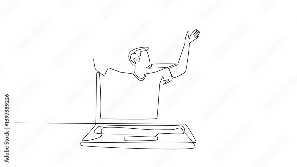 Poster self drawing animation of single continuous line drawing man raised hands and above them were 5 star