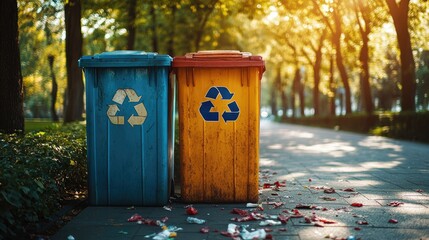 Obraz premium Recycling bins stand in sunlight, surrounded by autumn leaves an
