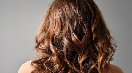 Fototapeta premium Close-up view of brown wavy hair from behind, showcasing texture and volume Free space for text or logo, ideal for haircare or beauty advertisements