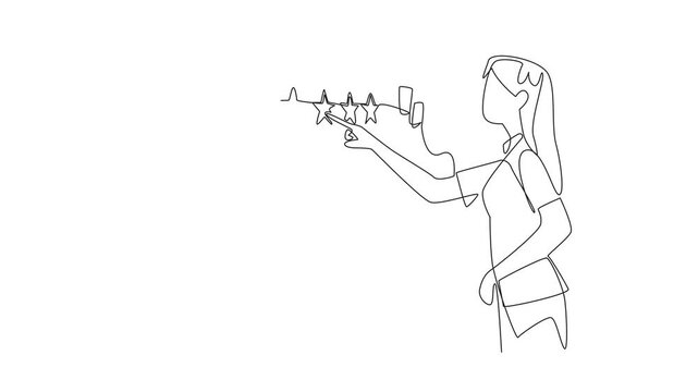 Animated self drawing of single continuous line drawing woman points to a wall with lots of paper notes scattered around it. A symbolism gives a good review. Write a Review Day. Full length animation