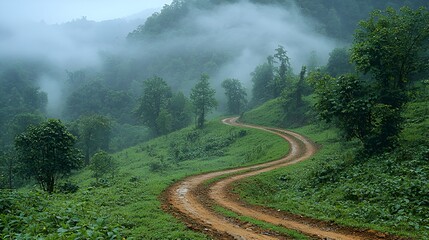 Winding dirt road through misty green mountain landscape.