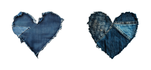 Frayed denim heart shapes featuring patchwork and textures, cut out - stock png