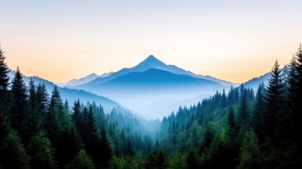 Fototapeta premium Majestic mountain peak rising above dense forest, early morning mist creating serene atmosphere, vibrant green trees in foreground, and nature tranquility.