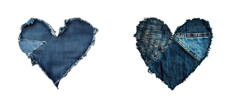 Frayed denim heart shapes featuring patchwork and textures, cut out - stock png