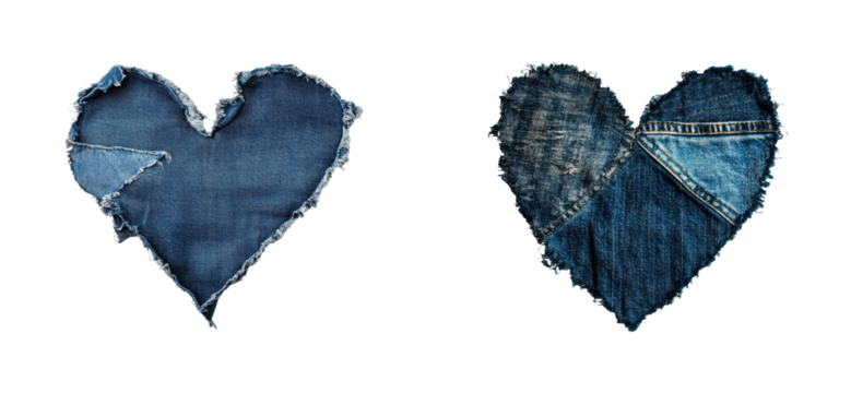 Frayed denim heart shapes featuring patchwork and textures, cut out - stock png