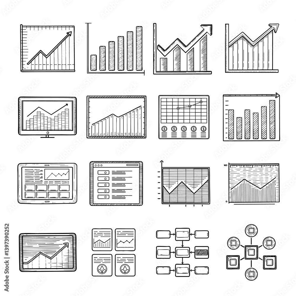 Aufkleber financial gra collection of hand-drawn graphs and charts displayed on various devices, illustrating 