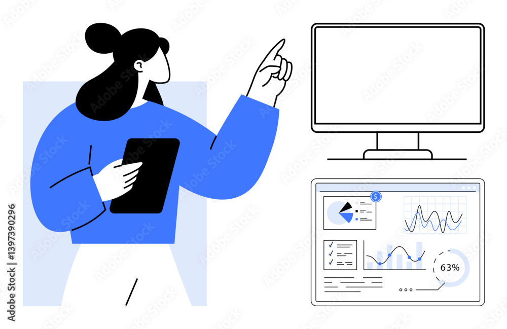 Poster person holding tablet gestures toward computer monitors displaying graphs, charts, and analytics. id