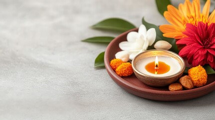 Close-Up of Traditional Diya Candle on Decorative Plate with Flowers and Offerings for Festive Occasion