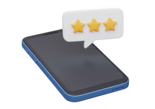 Blue mobile phone with a speech bubble containing rating stars icon isolated on transparent background - Powered by Adobe