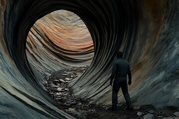 A person gazes towards the opening of a beautiful canyon
