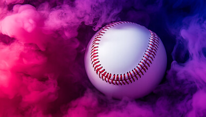 A baseball, banner design in pink and purple smoke.
