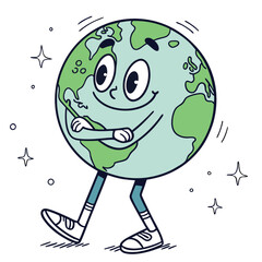Cartoon Earth Globe Character Walking with Arms Crossed and Stars on White Background