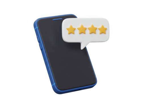 Blue smartphone displaying a rating of four stars in a speech bubble isolated on transparent background - Powered by Adobe