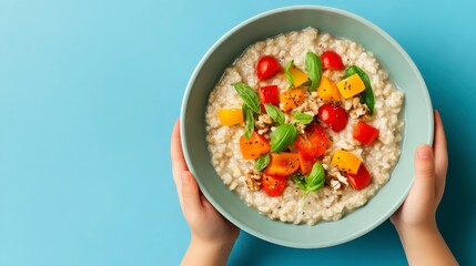 Excited Child Stirring Their Porridge with Colorful Vegetables and Fresh Herbs in a Bowl