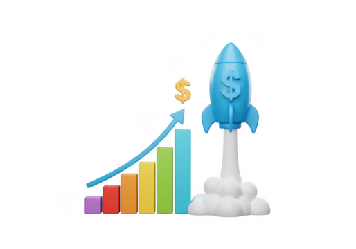 Rocket launching with chart showing growth and dollar symbol near it isolated on transparent background