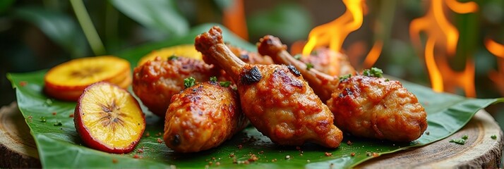 Spicy grilled chicken drumsticks on banana leaf with grilled lemon and flames