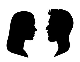 Beautiful png image of head silhouette of man and woman facing each other.