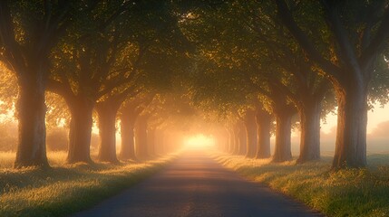 Sunlit road through trees at sunrise, misty morning.