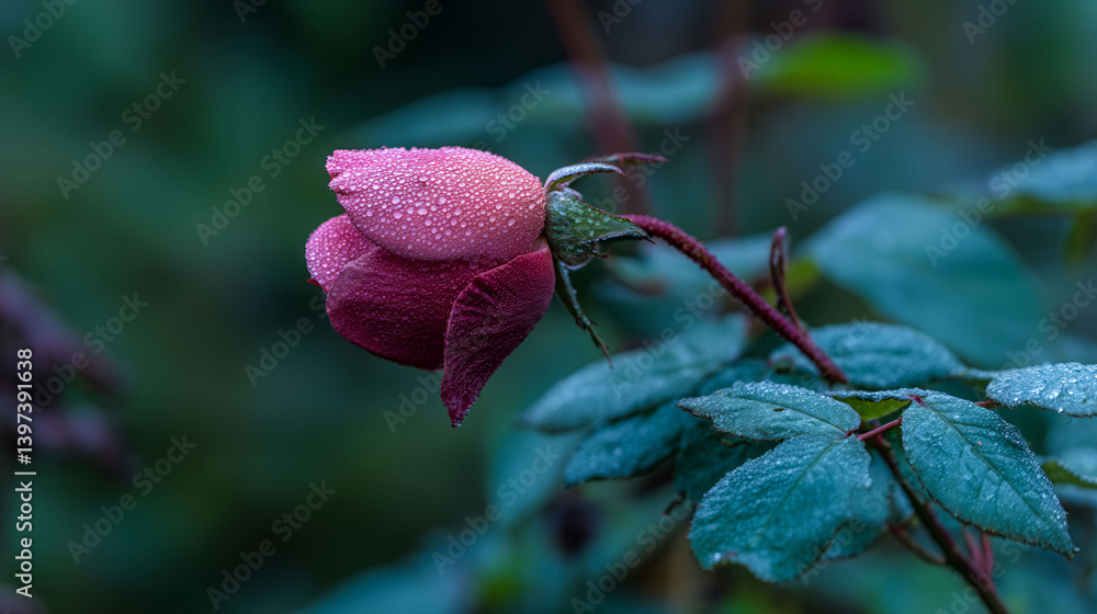 Poster a single red rose with dew drops on it. the image has a serene and peaceful mood, as the rose is the