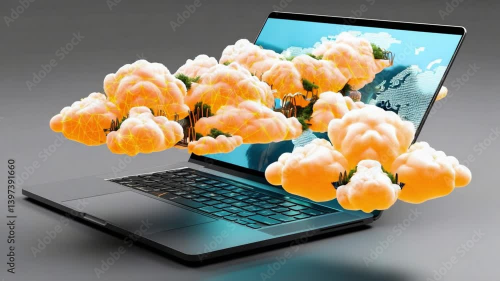 Aufkleber cloud computing and digital world: a laptop, symbolizing modern technology, is depicted with abstrac