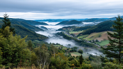 Fototapeta premium Foggy Valley with Rolling Hills and Trees