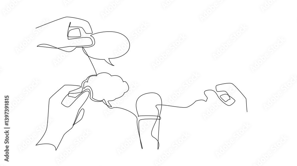 Poster animated self drawing of single continuous line drawing a mic in the middle of 4 callouts of various