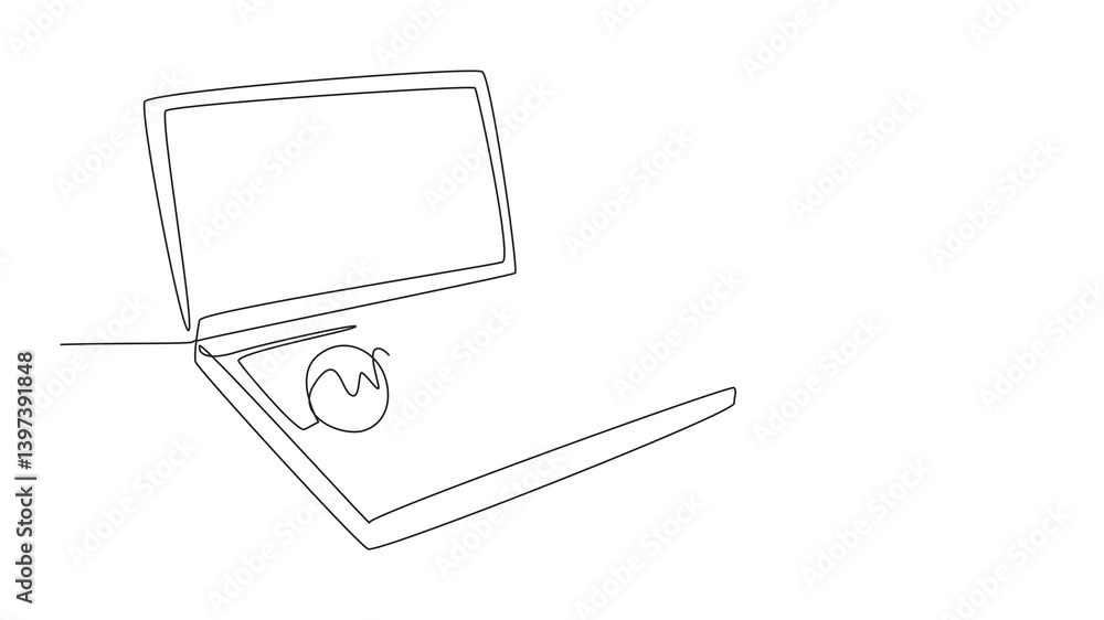 Poster self drawing animation of continuous one line drawing microphone above laptop keyboard. independent 