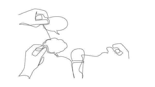 Animated self drawing of single continuous line drawing a mic in the middle of 4 callouts of various shapes held by hand. Social media comments. National Public Radio Day. Full length animation