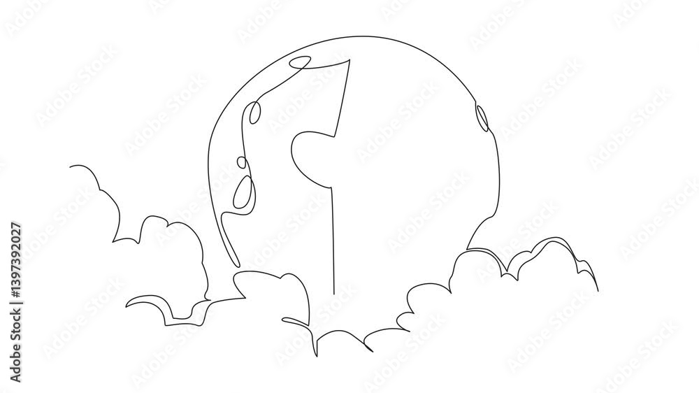 Poster animated self drawing of single one line drawing rocket flies in the middle of moon. purpose of the 