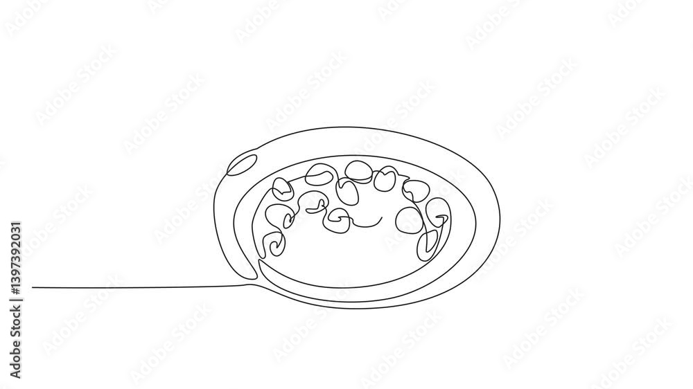 Poster self drawing animation of single continuous line drawing raspberry popover with non stick pan contai